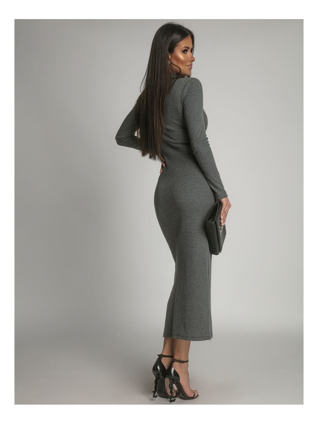 Cotton fitted maxi dress with a turtleneck, graphite FG680